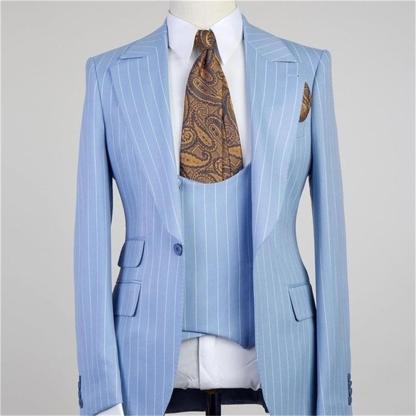 Gorgeous Blue Stripe Three-Piece Groomsmen Tuxedos Peaked Lapel