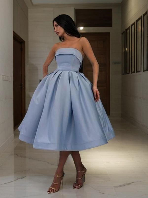 Light Blue Elegant Puffy Strapless Tea Length Short cocktail Dress