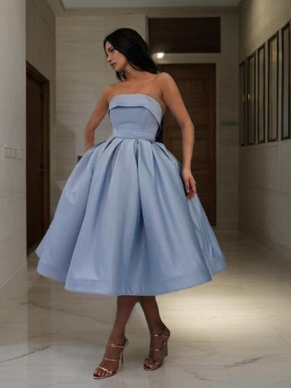 Light Blue Elegant Puffy Strapless Tea Length Short cocktail Dress