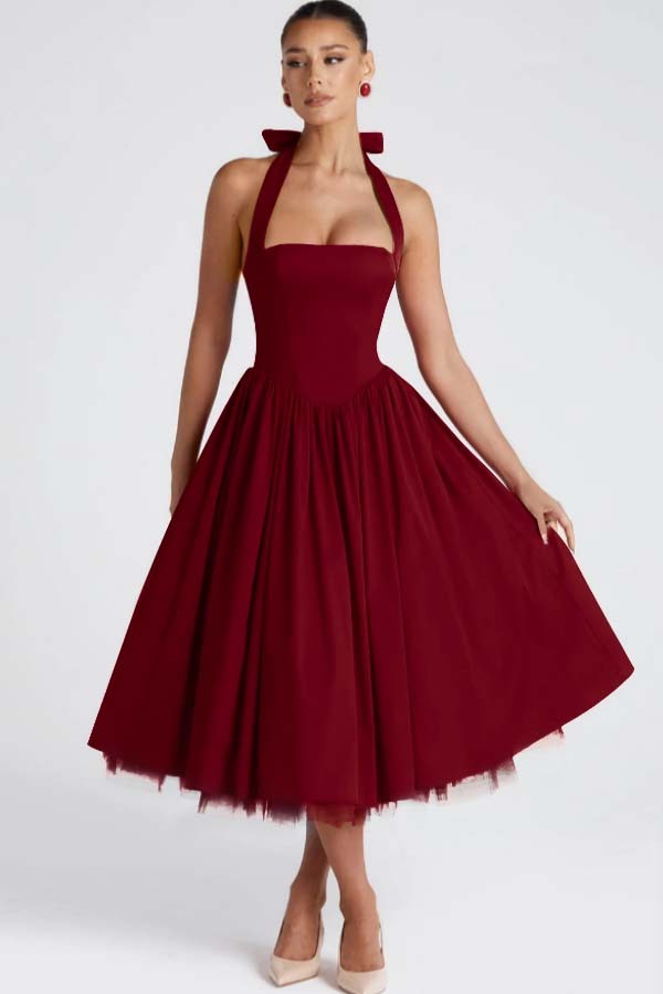 Halter Sleeveless Long A Line Formal Dress With Pleated Tulle