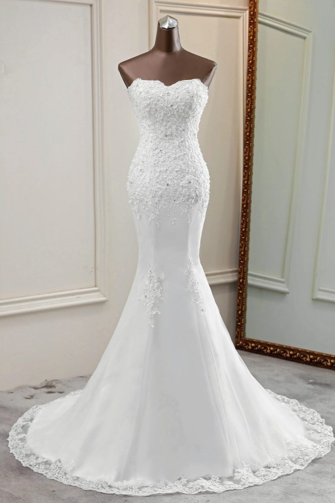Chic Long Mermaid Strapless Lace Appliques Wedding Dress with Beadings