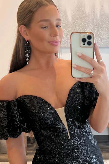 Long Off the Shoulder Prom Dress with Sparkly Black Sequins