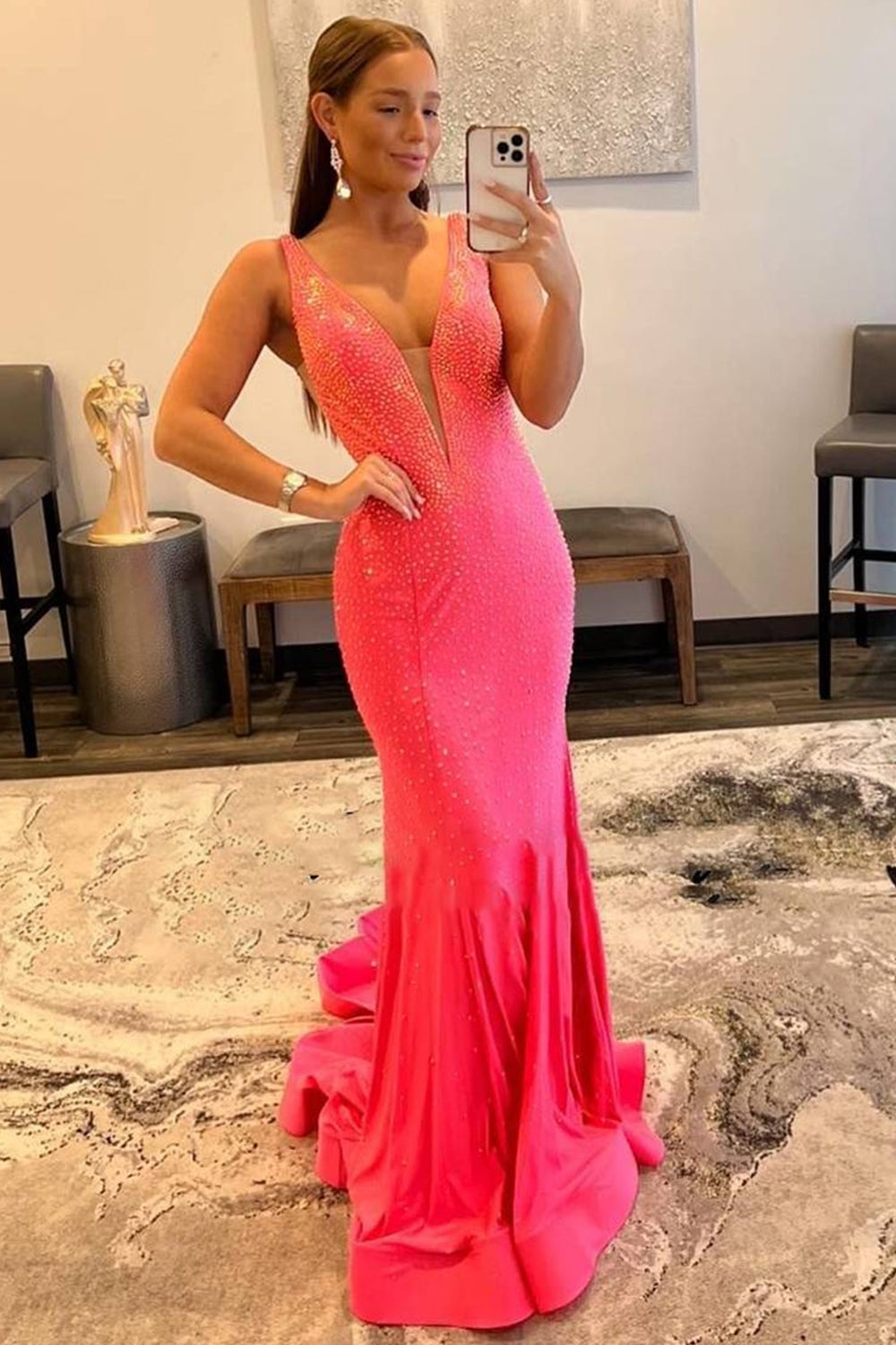 Purple Mermaid Prom Dress with V-neck Beading