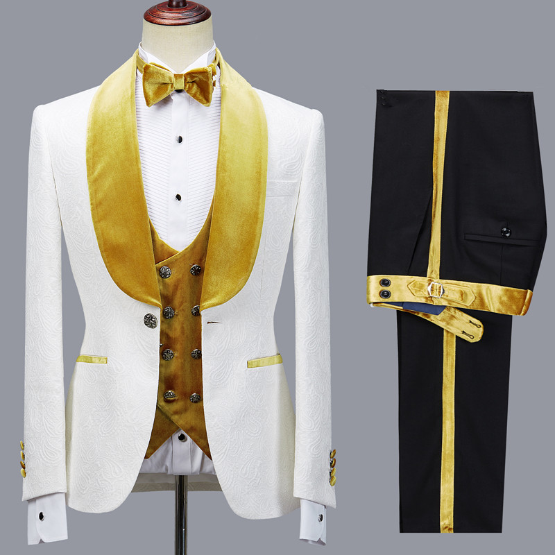 Cyrus Jacquard White Three-Piece Wedding Men's Suit with Velvet Lapel