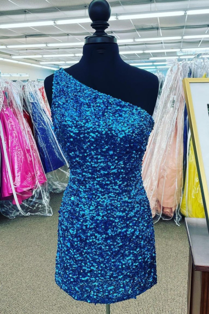 One Shoulder Sleeveless Sequins Short Dress With Chic Back