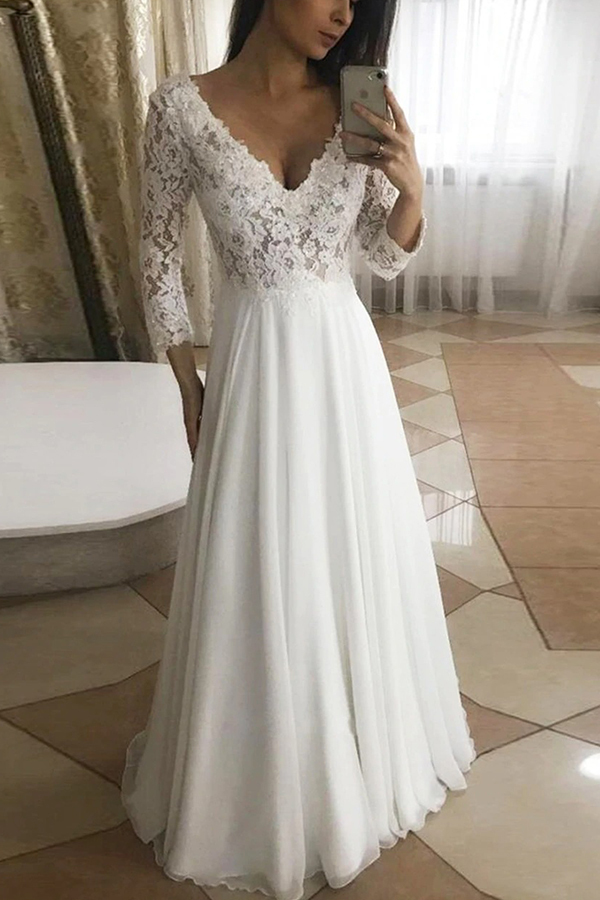 Elegant Long Sleeve V-Neck A-Line Floral Wedding Dress with Lace