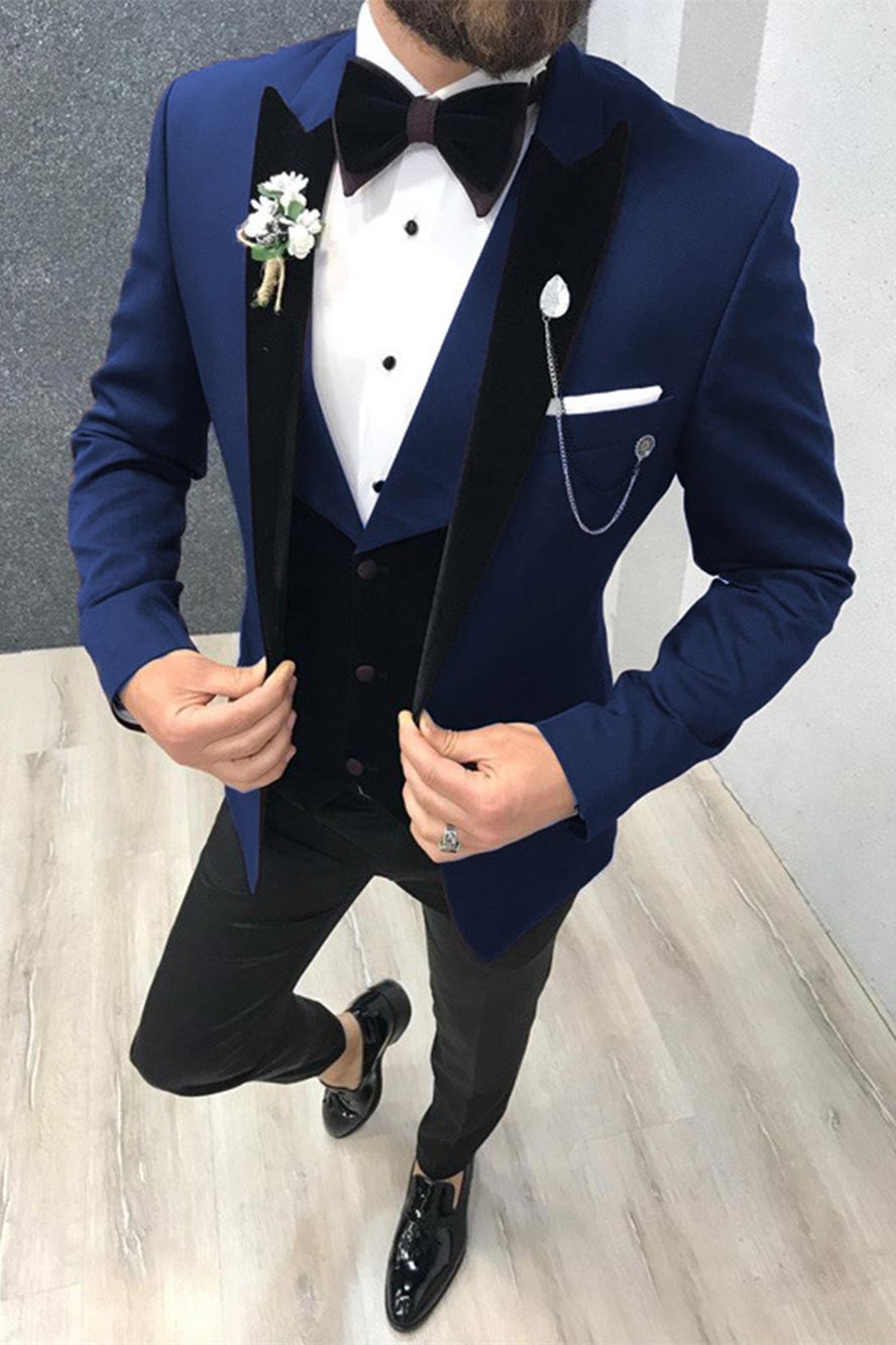 Classic Black-and-Blue Peak-Lapel Three-Piece Wedding Suits with a Waistcoat