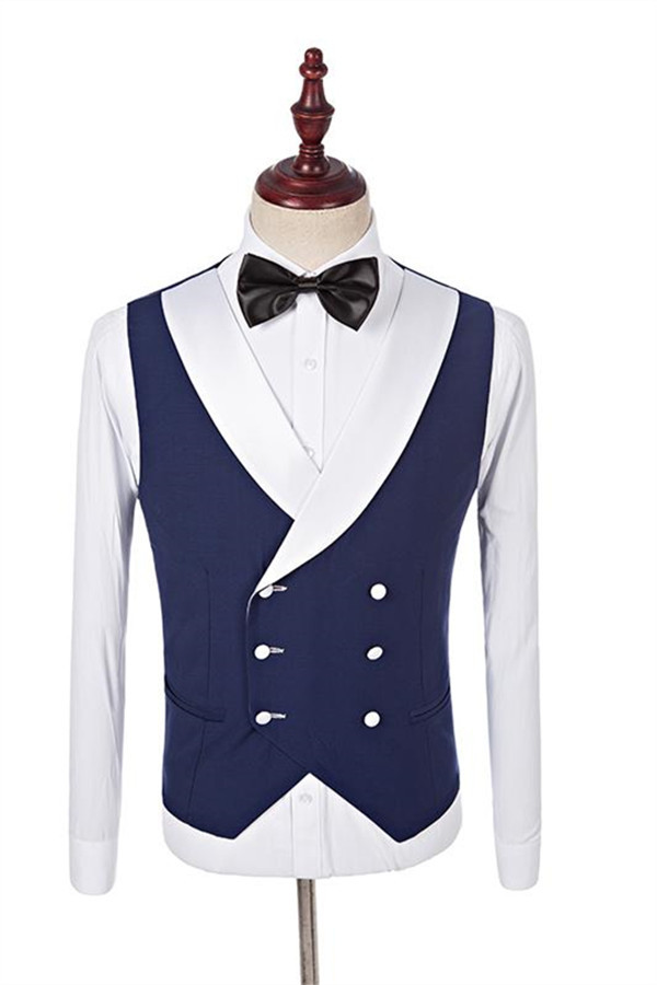 Navy Blue Groomsmen White Shawl-Lapel One-Button Three-Piece Wedding Tuxedos