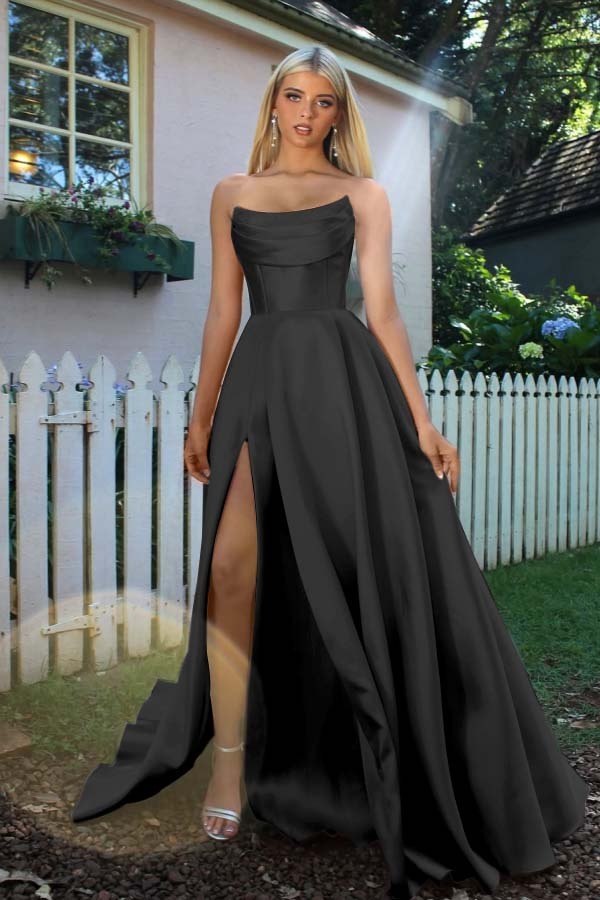 Strapless Sleeveless A Line Long Formal Dress With Split Pleated