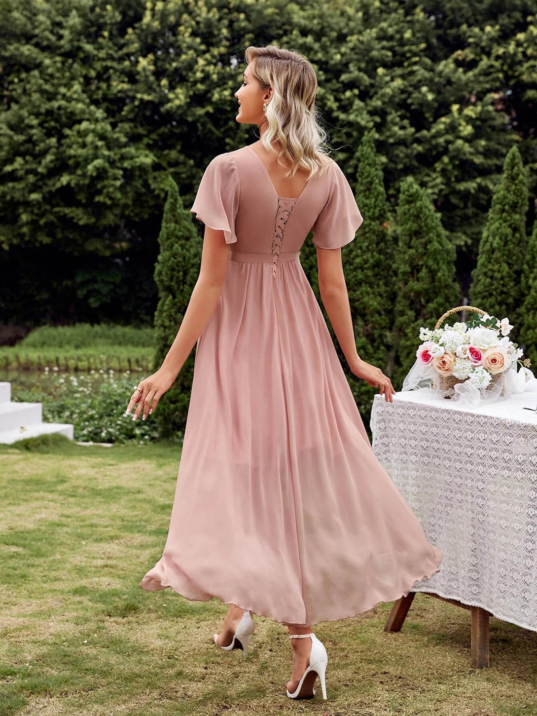 Dusty Rose V-Neck Summer Short Dress With Pockets