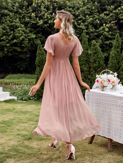 Dusty Rose V-Neck Summer Short Dress With Pockets