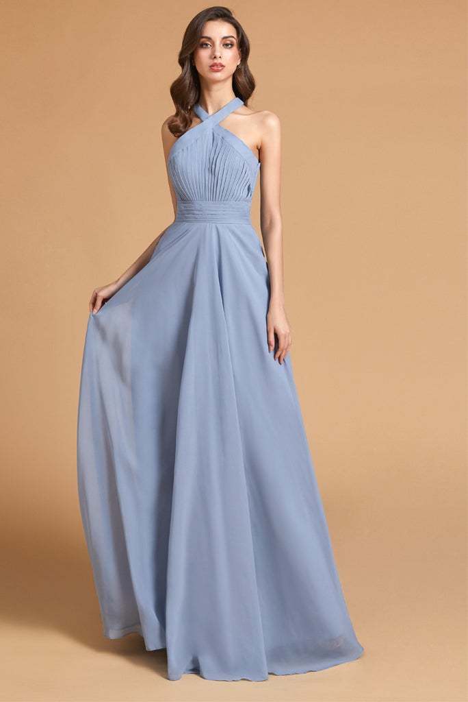 Dusty Blue Split Halter Bridesmaid Dress with Pockets