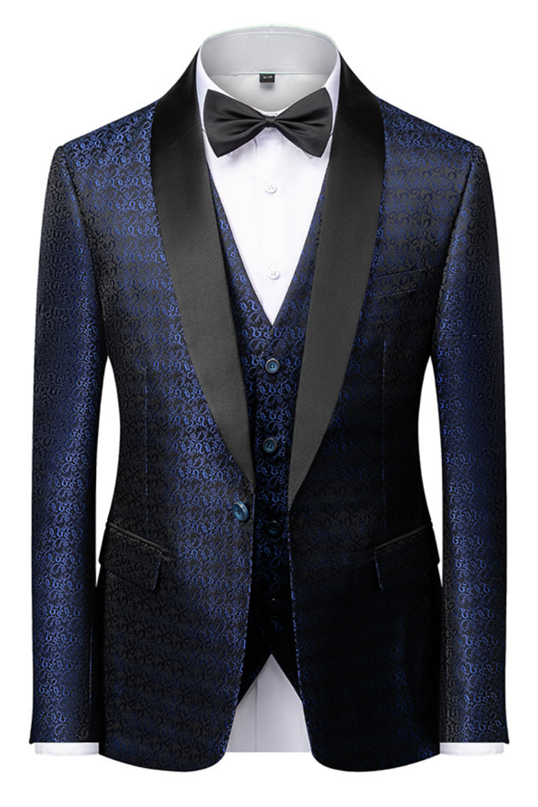 Gentle Dark Navy Blue Floral Jacquard Wedding Suit with One Button