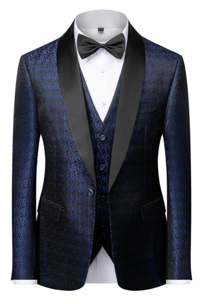 Gentle Dark Navy Blue Floral Jacquard Wedding Suit with One Button