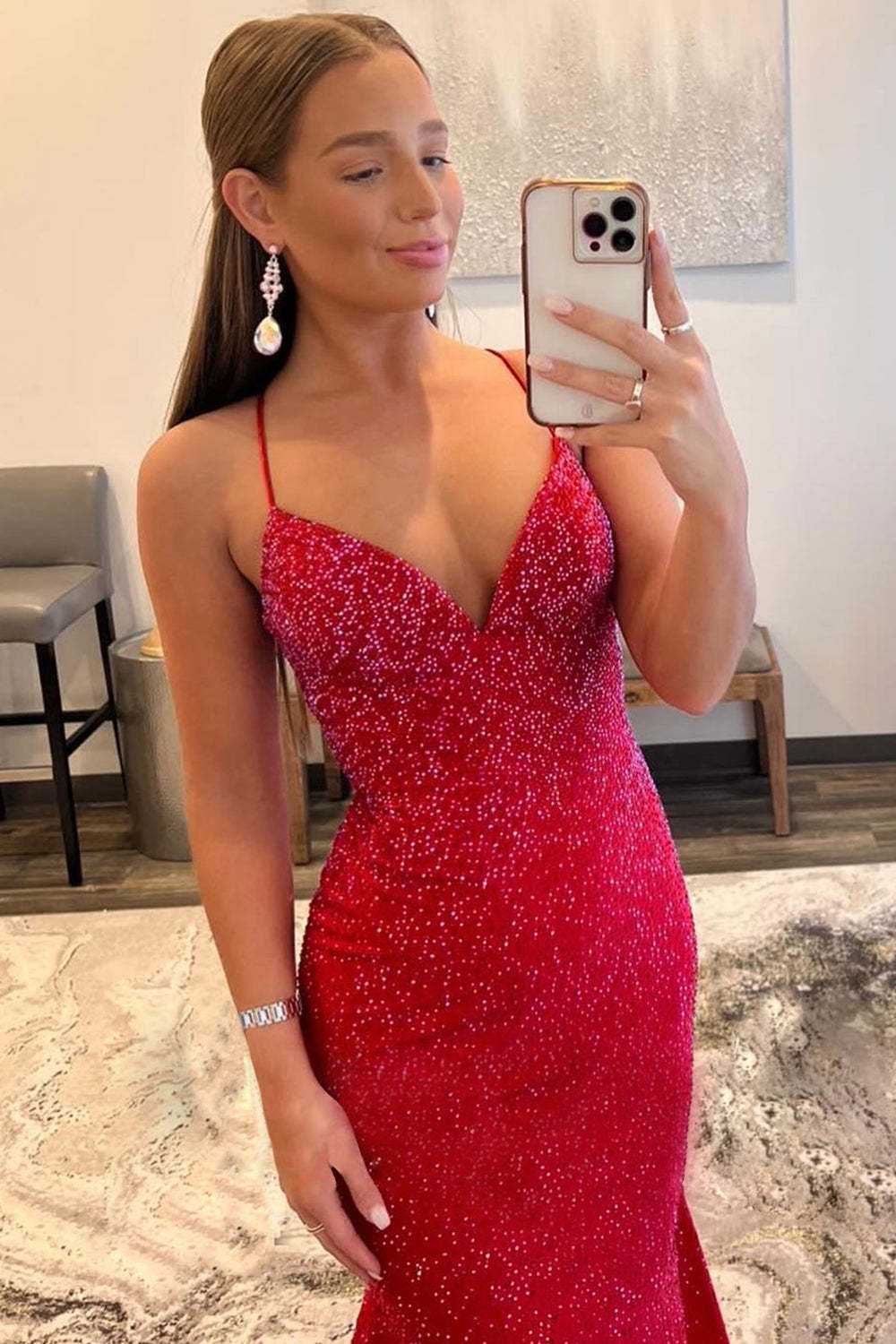 Red Long Prom Dress with Mermaid Spaghetti Straps and Criss Cross Back