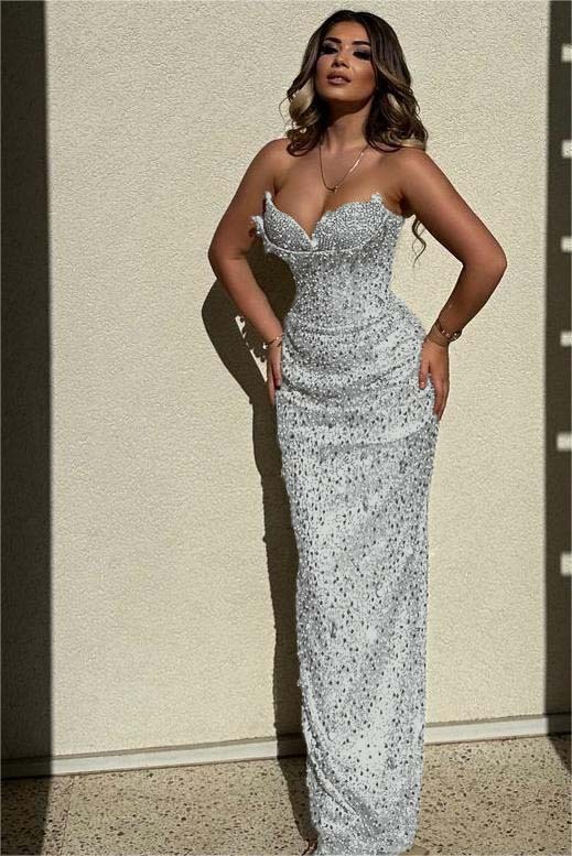 Chic Sequins Strapless Sleeveless High Waist Long Formal Dress With Beadings