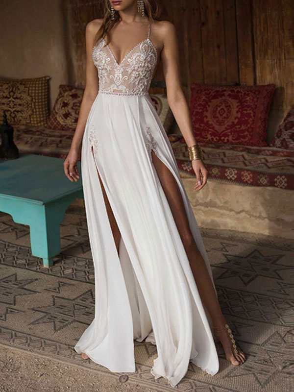 White Mermaid Spaghetti-Straps Split Wedding Dress with Lace Applique