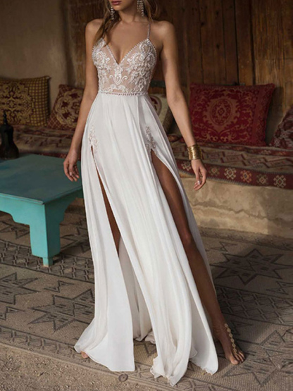 White Mermaid Spaghetti-Straps Split Wedding Dress with Lace Applique
