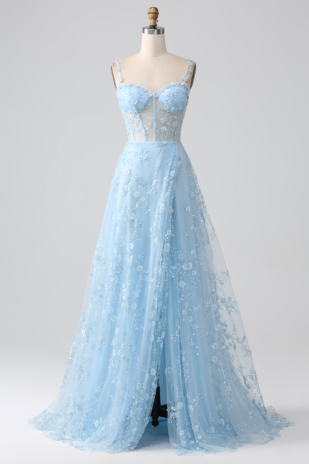 Long Corset Prom Dress in Blush with A-Line Silhouette and Spaghetti Straps Adorned with Appliques