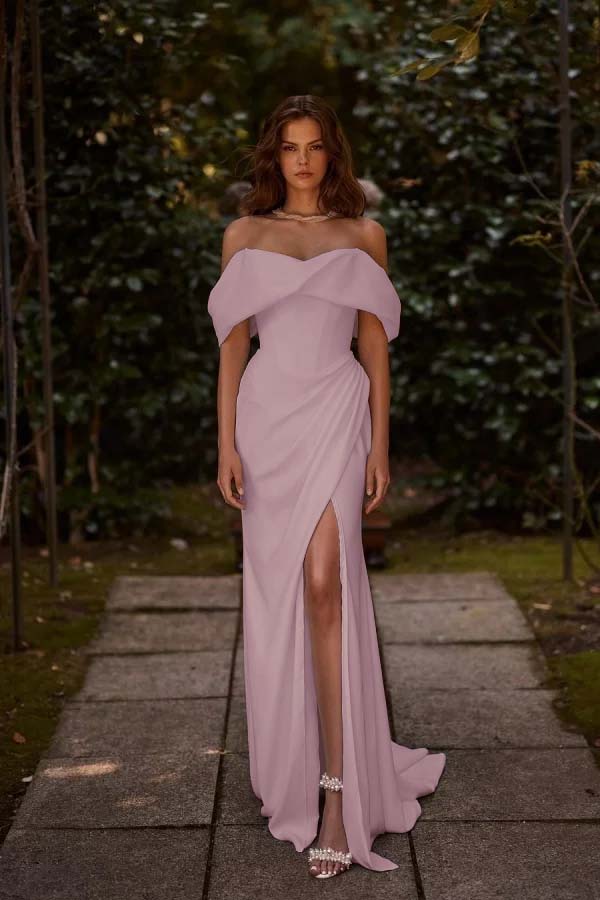 Off the Shoulder Sleeveless Long Mermaid Formal Dress With Split Pleated
