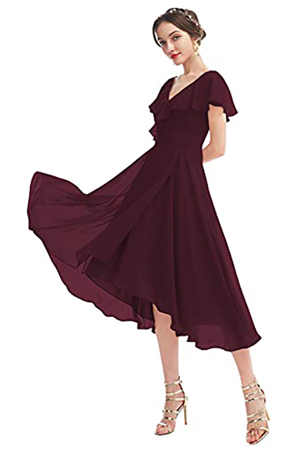 V-Neck Short Sleeve Ruffles Bridesmaid Dress