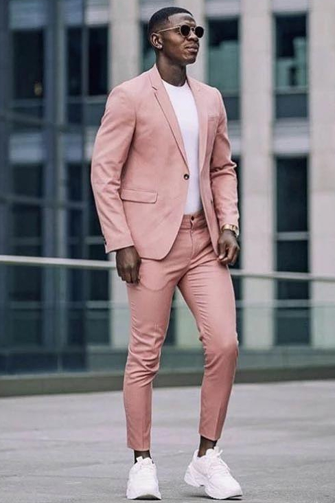 Fashion Pink Notched Lapel Prince Suit Two-Piece for Groom with Flap Pockets