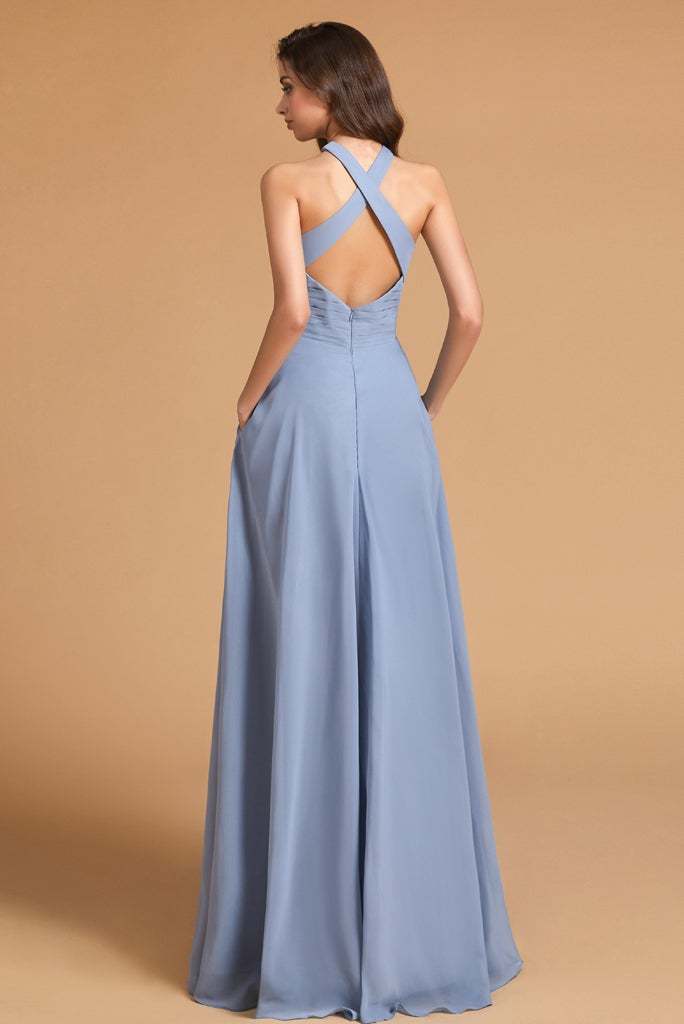 Dusty Blue Split Halter Bridesmaid Dress with Pockets