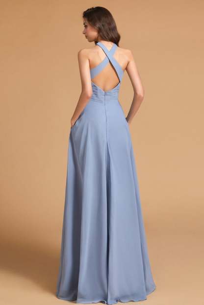 Dusty Blue Split Halter Bridesmaid Dress with Pockets