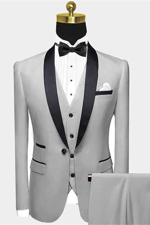 Gentle Silver Grey Shawl Lapel Groomsmen's Wedding Suit with Black Satin Shawl Lapel