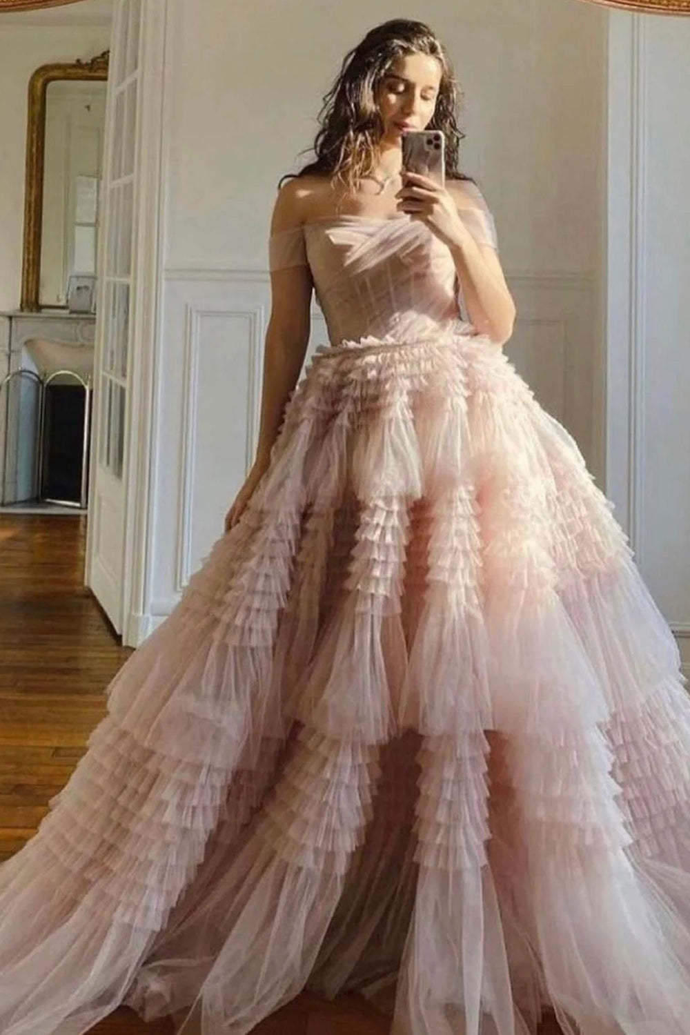 Light Pink Corset Prom Dress with Ruffles - Off-the-Shoulder A-Line Princess Style