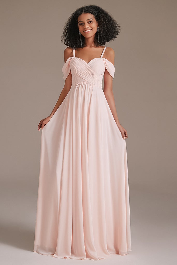 Blushing Pink Chiffon Off-the-Shoulder Bridesmaid Dress