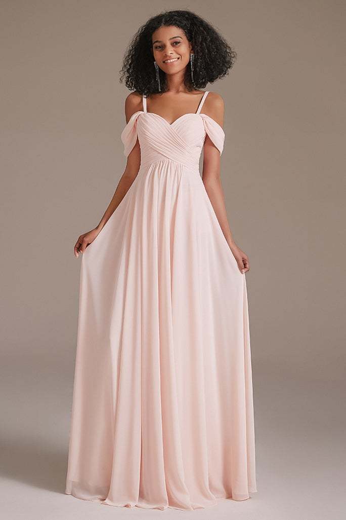Blushing Pink Chiffon Off-the-Shoulder Bridesmaid Dress