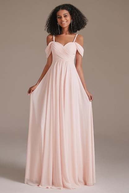 Blushing Pink Chiffon Off-the-Shoulder Bridesmaid Dress