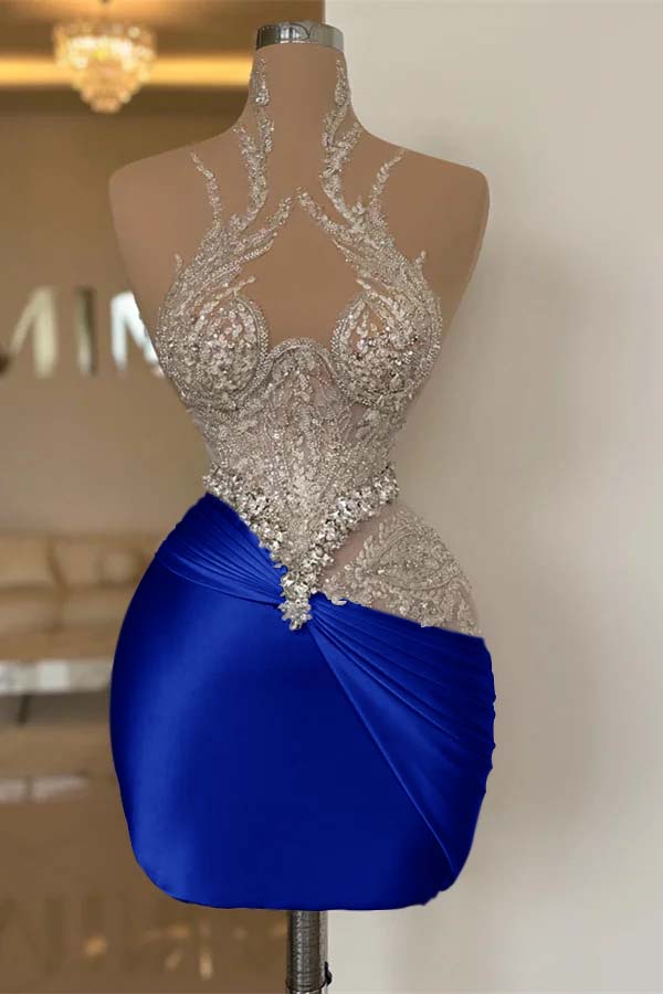 White High-Grade Exquisite Beaded Pleated Tights Short Mini cocktail Dress