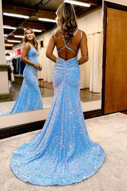 Long Backless Prom Dress with Sparkly Blue Mermaid Sequins