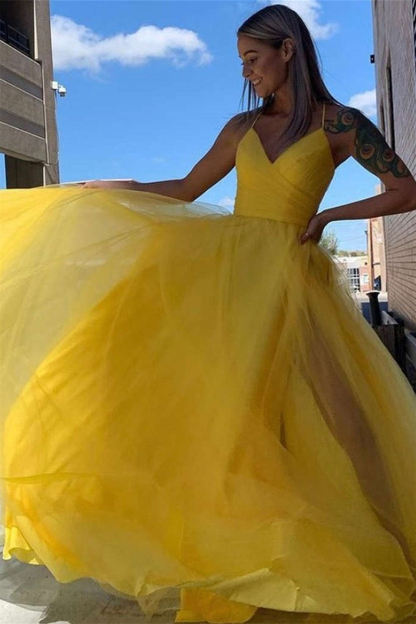 Slit Spaghetti Strap Ball Gown Tulle Evening Dress