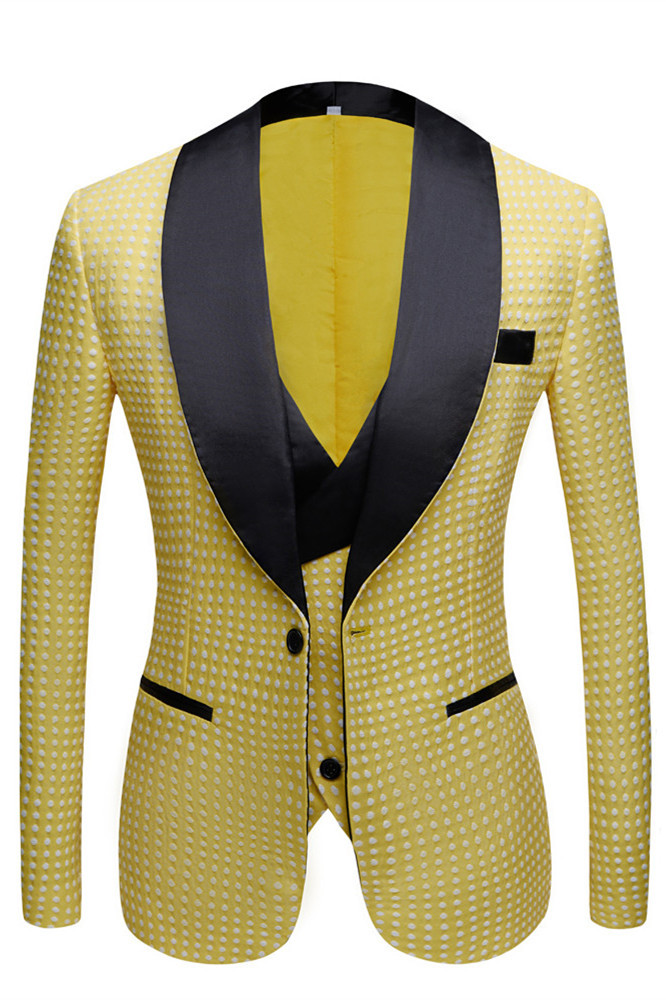 Unique Yellow Dot Slim Fit Wedding Suit for Men with Shawl Lapel
