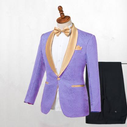 Stylish Lilac Floral Jacquard Shawl Lapel Wedding Suit