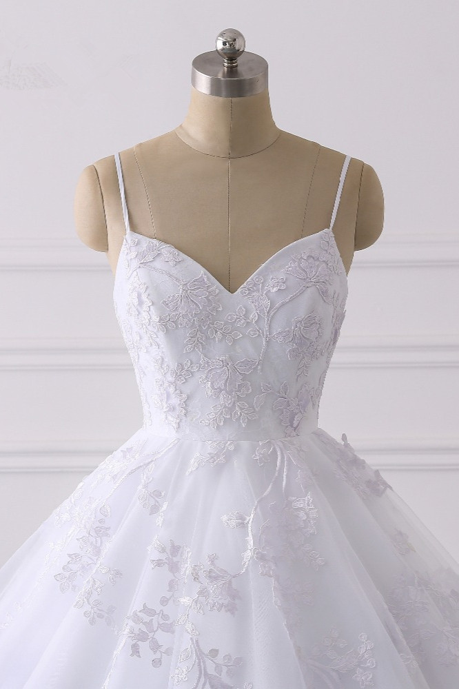 Vintage Spaghetti-Straps Tulle V-Neck Wedding Dress with Appliques Lace