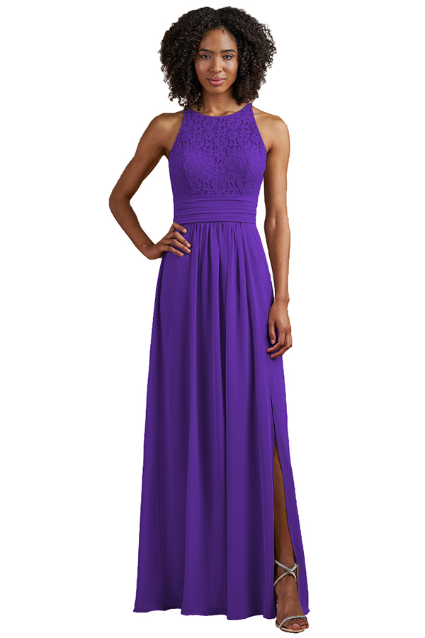 Sleeveless Halter Lace Bridesmaid Dress with Split