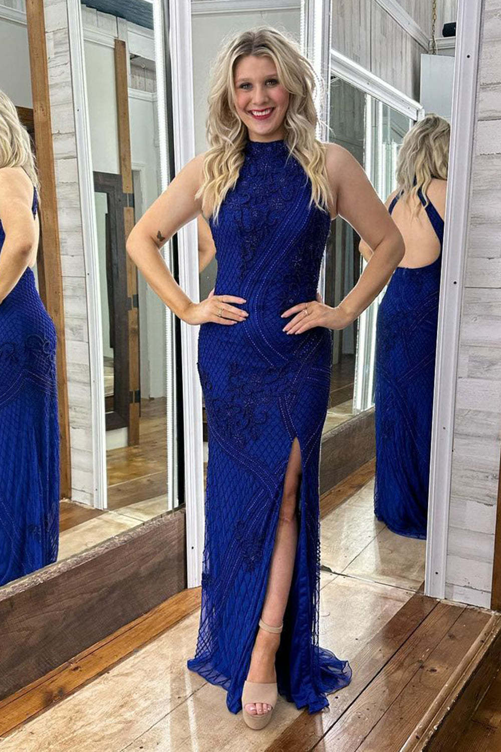 Dark Blue Plus Size Prom Dress with High Neck and Open Back Sheath