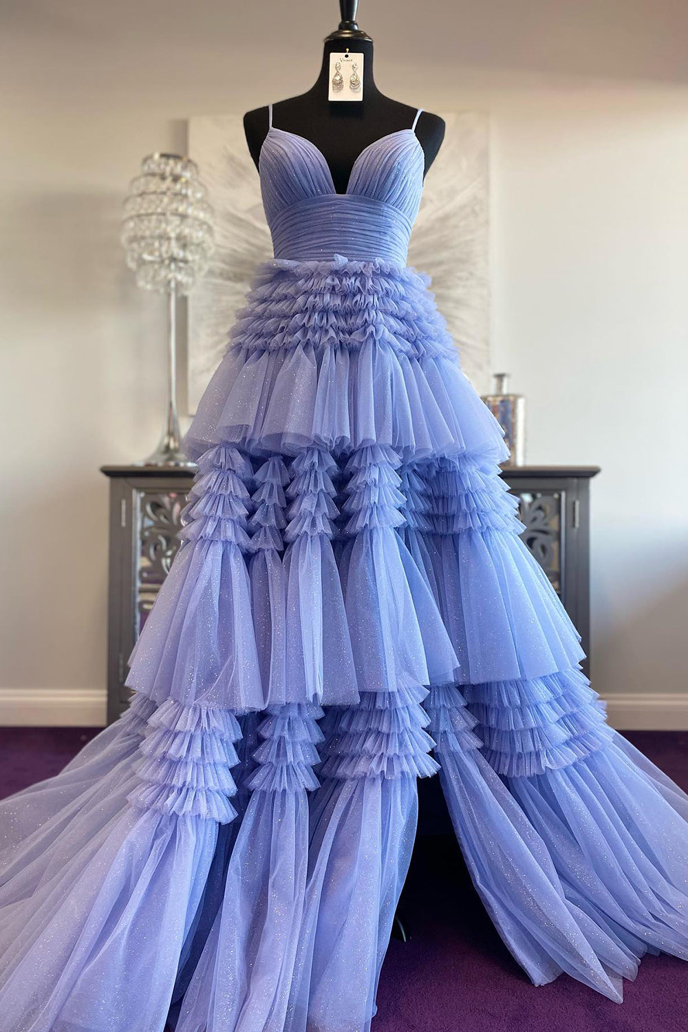 Long Prom Dress with Red Tulle and Spaghetti Straps