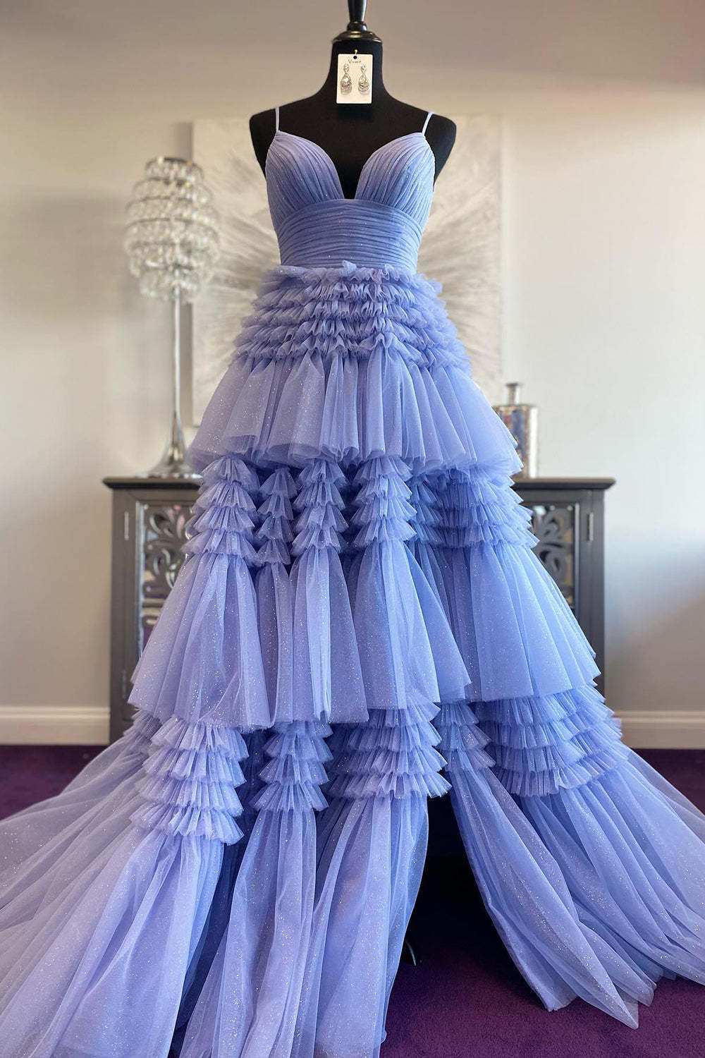 Long Prom Dress with Red Tulle and Spaghetti Straps
