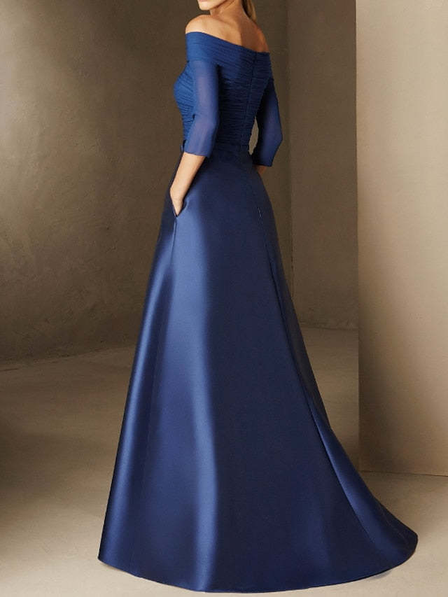 Short-Sleeve Off-the-Shoulder A-Line Mother of the Bride Dress with Belt Applique