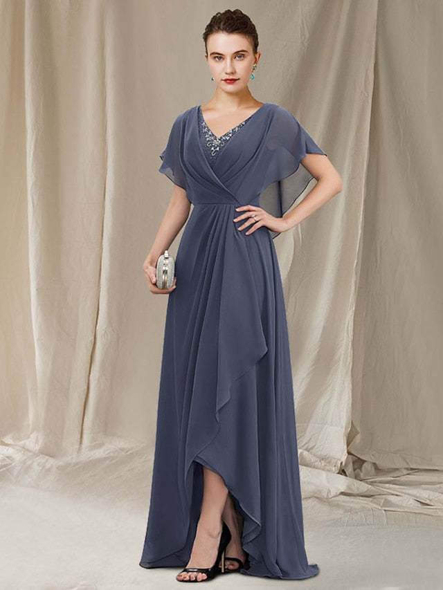 Elegant V-Neck A-Line Princess Asymmetrical Mother of the Bride Gown