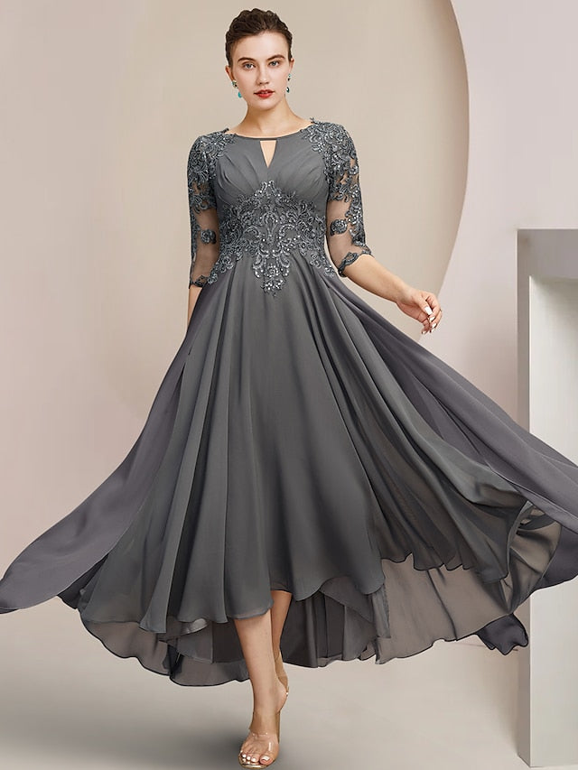 Scoop Neck Tea-Length A-Line Mother of the Bride Princess Dress