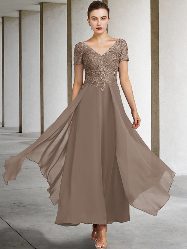 V-Neck A-Line Princess Ankle-Length Mother of the Bride Gown