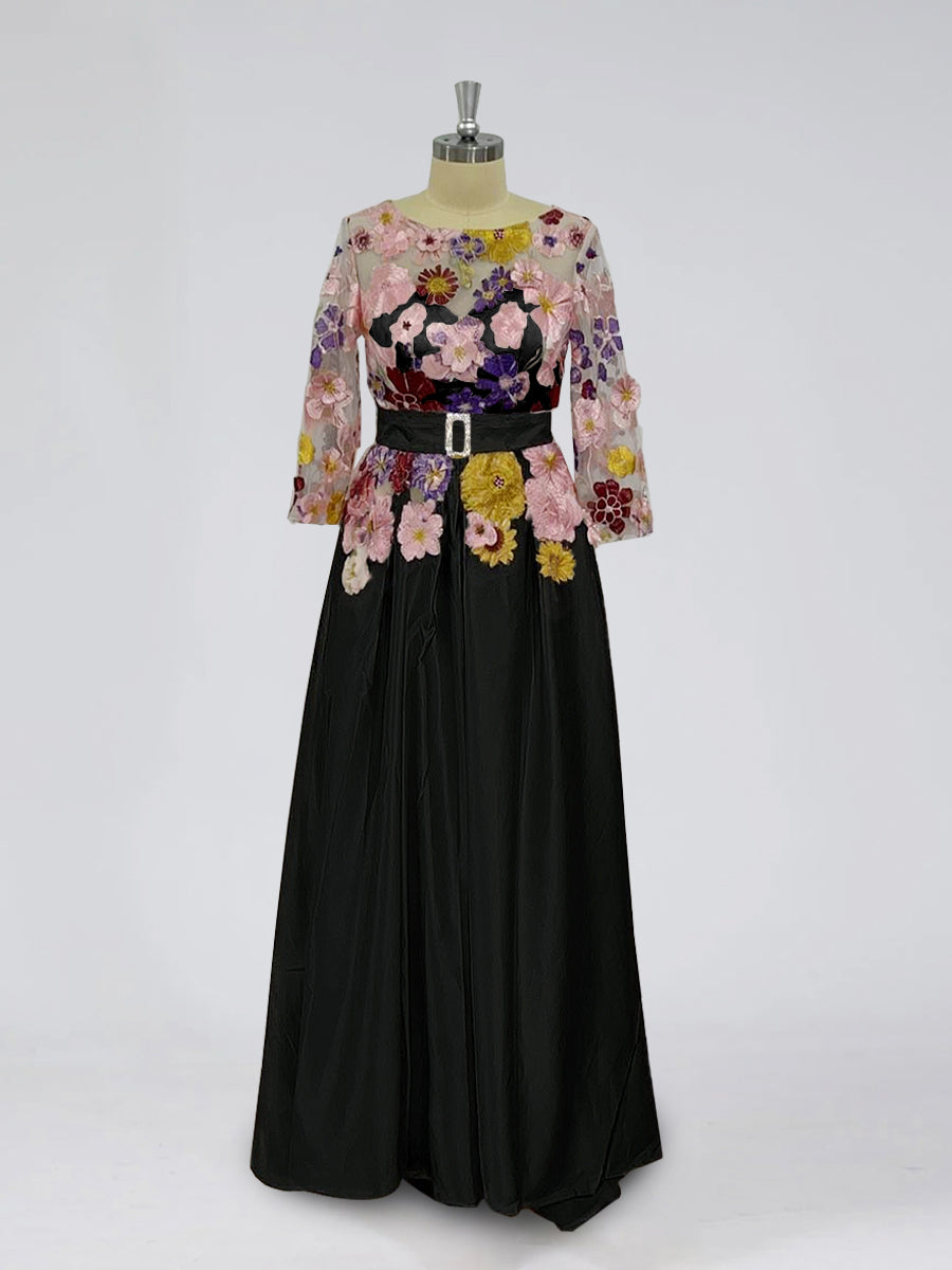 Asymmetrical A-Line Princess Scoop Mother of the Bride Dress with 3/4 Sleeves and Lace Appliques