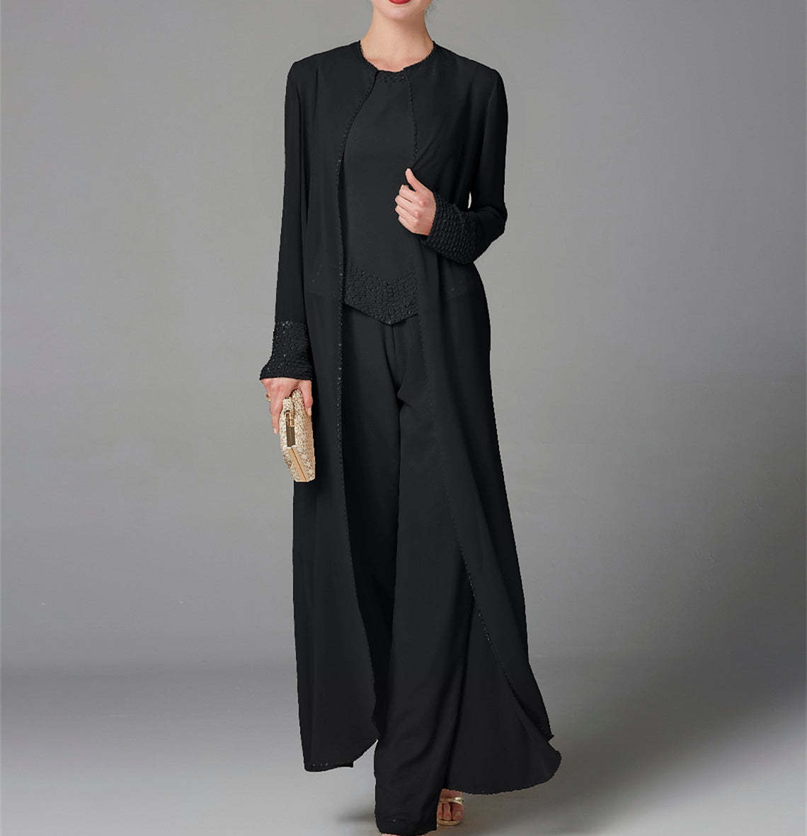 Long-Sleeve Chiffon Mother of the Bride Pantsuit with Jacket and Sequins