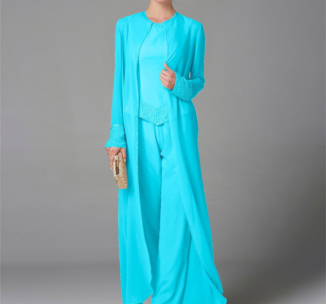 Long-Sleeve Chiffon Mother of the Bride Pantsuit with Jacket and Sequins